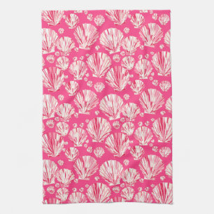 Linge De Cuisine Corail profond et coquilles de mer rose pastel
