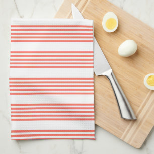 Linge De Cuisine Corail vivant et blanc cinq bandes motif