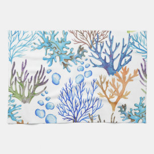 Linge De Cuisine Coraux dessinés à la main : motif sous-marin.