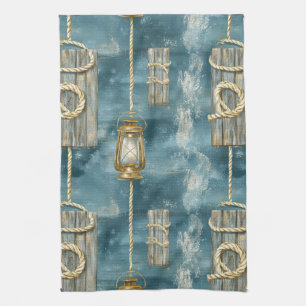 Linge De Cuisine Corde de lanterne nautique motif bleu côtier (1)