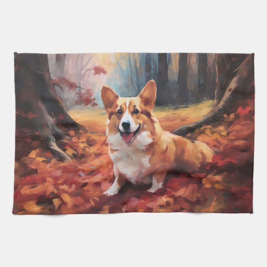 Linge De Cuisine Corgi dans les feuilles d'automne automne automne  (Horizontal)