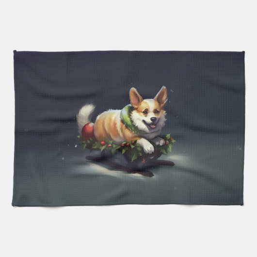 Linge De Cuisine Corgi neige de Noël hiver (Horizontal)