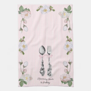Linge De Cuisine Cottagecore Cuillère Florale Fourche Ticking rose