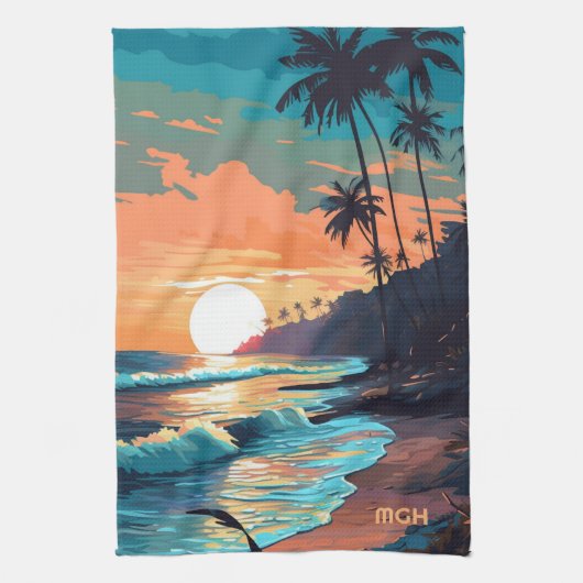 Linge De Cuisine Coucher de soleil de plage tropicale sur mesure (Vertical)