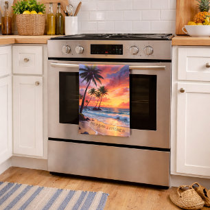 Linge De Cuisine Coucher de soleil personnalisé sur une plage tropi