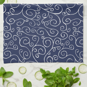 Linge De Cuisine Courbes blanches en mouvement sur fond bleu marine