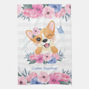 Linge De Cuisine Couronne de fleurs de chien Corgi mignon Papillon 