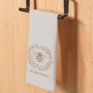 Linge De Cuisine Couronne de fleurs et abeille Monogramme de famill