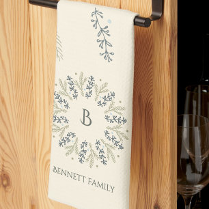 Linge De Cuisine Couronne de Noël à monogramme vert sauge et sarcel