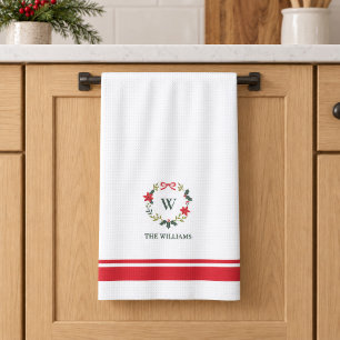 Linge De Cuisine Couronne de Noël élégante Monogramme Nom de famill