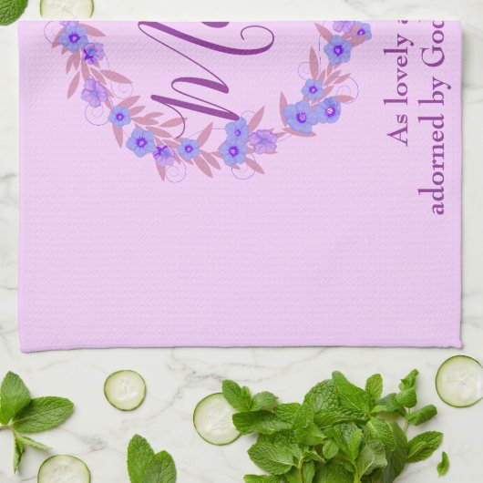 Linge De Cuisine Couronne florale violette et bleue pour maman (Plié)