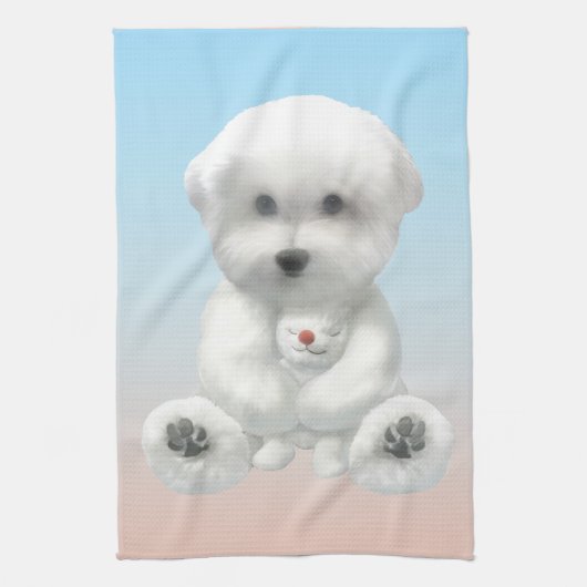 Linge De Cuisine Cozy Plush Moment: Smiling Bichon Hugging Mini Pup (Vertical)