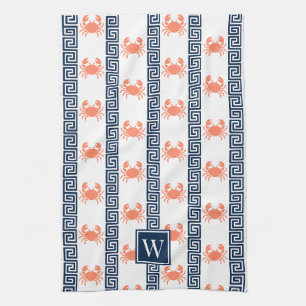 Linge De Cuisine Crabe Prépa Clé Grecque Corail & Monogramme Marine