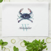 Linge De Cuisine Crabe Turquoise gris bleu marine monogramme (Plié)