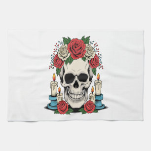 Linge De Cuisine Crâne floral avec bougies Halloween