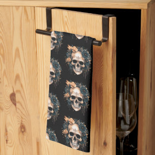 Linge De Cuisine Crâne motif fleurs noir et or Halloween