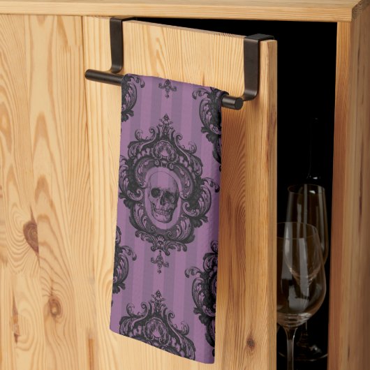 Linge De Cuisine Crâne victorienne violet et noir Motif Halloween (Pliage en tiers)