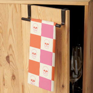 Linge De Cuisine Crânes damier en rose, orange et crème