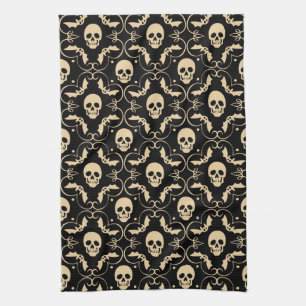 Linge De Cuisine Crânes et chauves-souris Halloween noir et crème