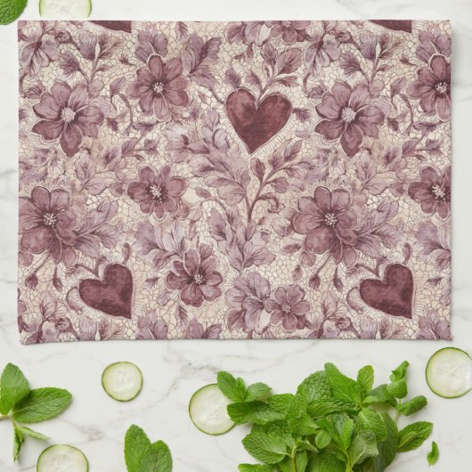Linge De Cuisine Cream Burgundy Red Hearts Flowers (Plié)