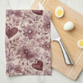Linge De Cuisine Cream Burgundy Red Hearts Flowers (Quart Plié)