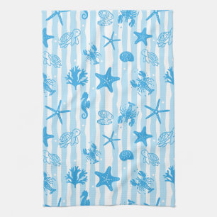 Linge De Cuisine Créatures marines bleues Motif nautique doodle