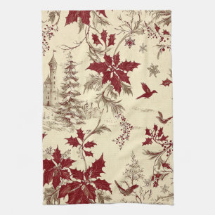 Linge De Cuisine Crème Antique Bourgogne Hiver Oiseaux Floral de Ho