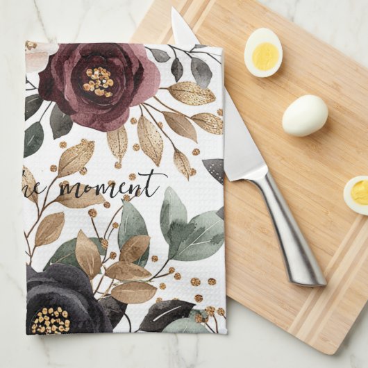 Linge De Cuisine Crème Bourgogne Floral noir (Quart Plié)