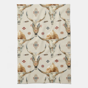 Linge De Cuisine Crème Brown Plumes indigènes tribales Crème crânes