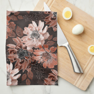 Linge De Cuisine Crème, fleurs de teracote sur un arrière - plan br