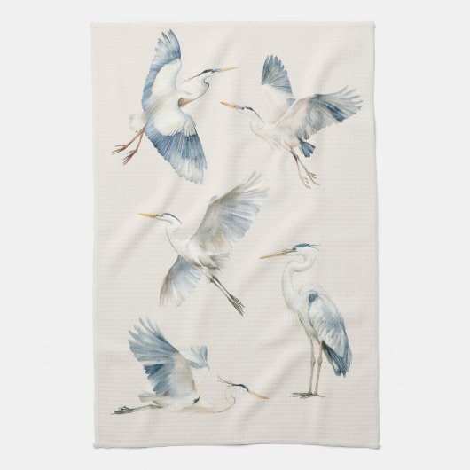 Linge De Cuisine Crème Motif Grace Flying Blue Herons (Vertical)