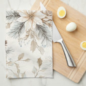 Linge De Cuisine Crème Poinsettia Bleu Floral Noël (Quart Plié)