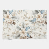 Linge De Cuisine Crème Poinsettia Bleu Floral Noël (Horizontal)