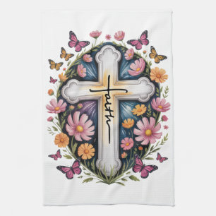 Linge De Cuisine Croix de foi florale 