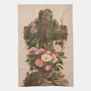 Linge De Cuisine Croix rustique antique, roses sauvages, carte de P