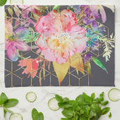 Linge De Cuisine Cubes modernes aquarelle fleurie et or géométrique (Plié)