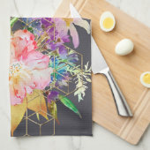 Linge De Cuisine Cubes modernes aquarelle fleurie et or géométrique (Quart Plié)