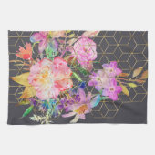 Linge De Cuisine Cubes modernes aquarelle fleurie et or géométrique (Horizontal)