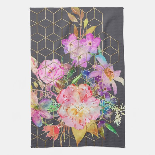 Linge De Cuisine Cubes modernes aquarelle fleurie et or géométrique (Vertical)