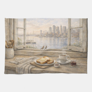 Linge De Cuisine Cuisine du port de Boston à l'aquarelle avec la vi