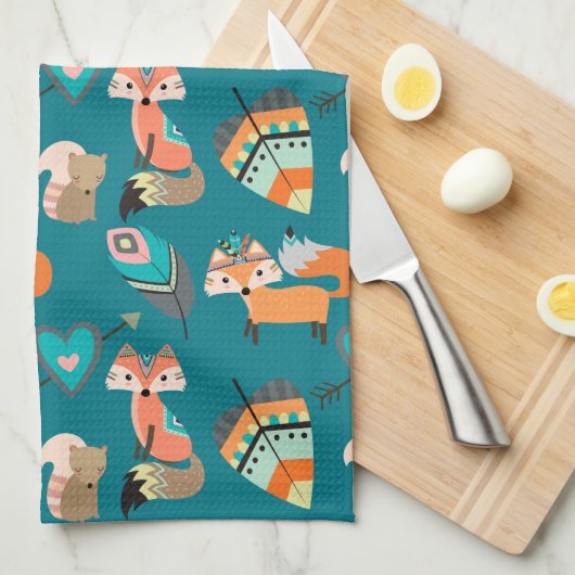 Linge De Cuisine Cuisine Motif turquoise Tribal Fox (Quart Plié)