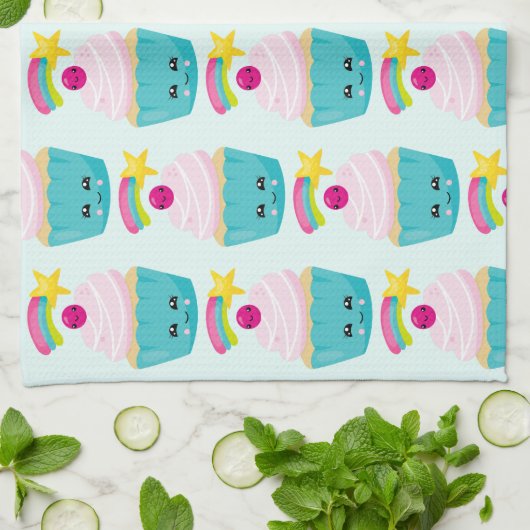 Linge De Cuisine Cupcake bleu mignon avec visage Kawaii (Plié)