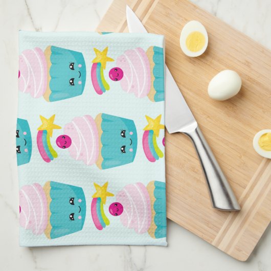 Linge De Cuisine Cupcake bleu mignon avec visage Kawaii (Quart Plié)