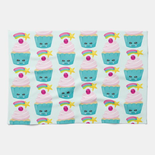 Linge De Cuisine Cupcake bleu mignon avec visage Kawaii (Horizontal)