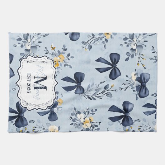 Linge De Cuisine Custom Elegant Blue Bow Floral Monogram (Horizontal)
