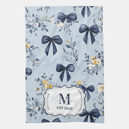 Linge De Cuisine Custom Elegant Blue Bow Floral Monogram (Vertical)