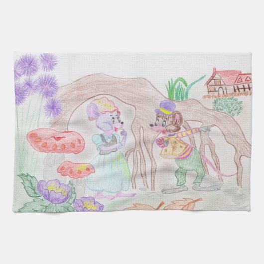 Linge De Cuisine Custom Kids Artwork, deux mignonnes souris, fleurs (Horizontal)
