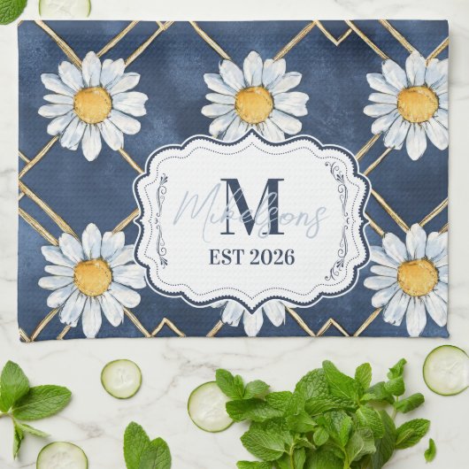 Linge De Cuisine Custom Navy Daisy Gingham Monogram Decor (Plié)