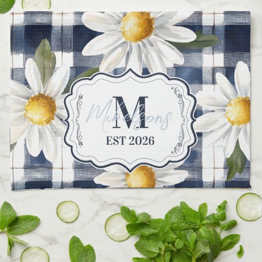 Linge De Cuisine Custom Navy Gingham Daisy Monogram (Plié)