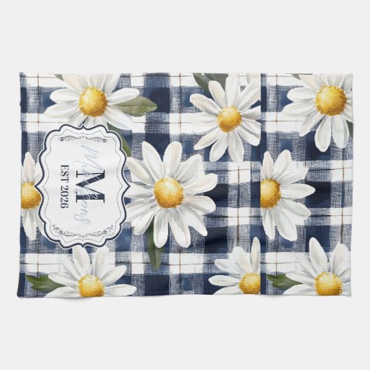 Linge De Cuisine Custom Navy Gingham Daisy Monogram (Horizontal)
